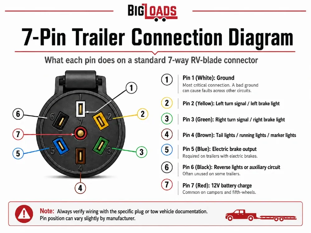 7-pin trailer connection diagram showing wire colors and pin functions
